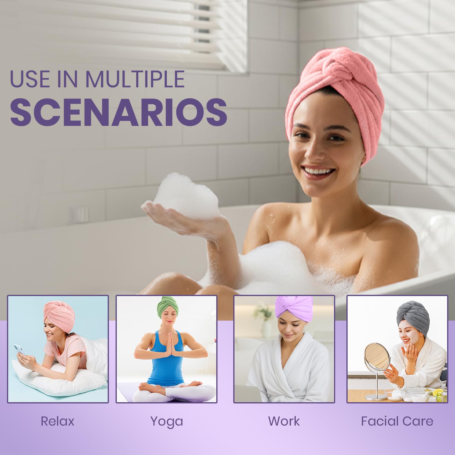 MAXOSHINE Hair Towel Wrap for Women-Quick Drying Microfiber Towel for Hair with Elastic Loop for Tying-Super Absorbent Head Towels Wrap for Ladies Hair Turban (Pack of 2-Grey & Pink)