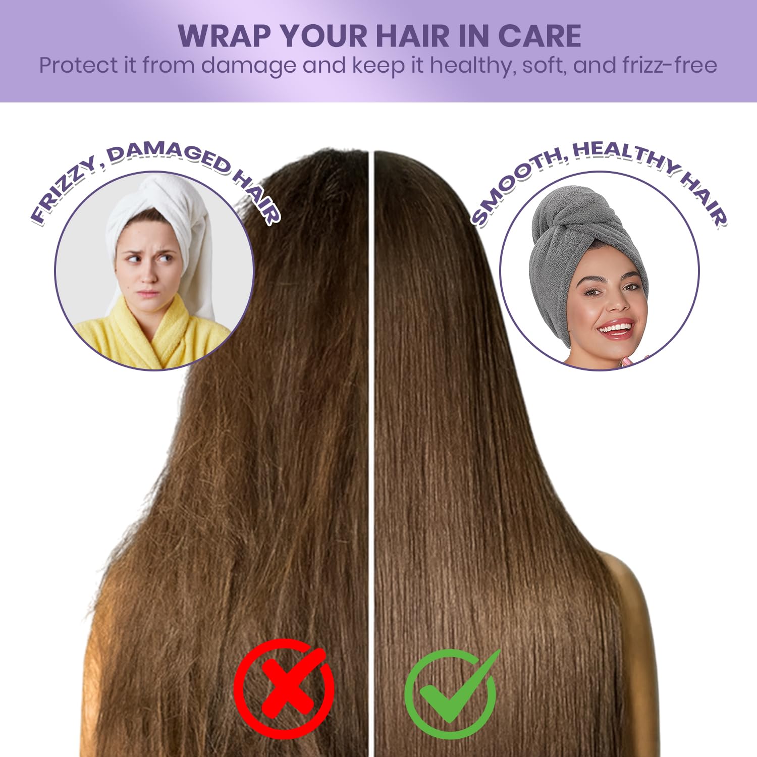 MAXOSHINE Hair Towel Wrap for Women-Quick Drying Microfiber Towel for Hair with Elastic Loop for Tying-Super Absorbent Head Towels Wrap for Ladies Hair Turban (Pack of 2-Grey & Pink)